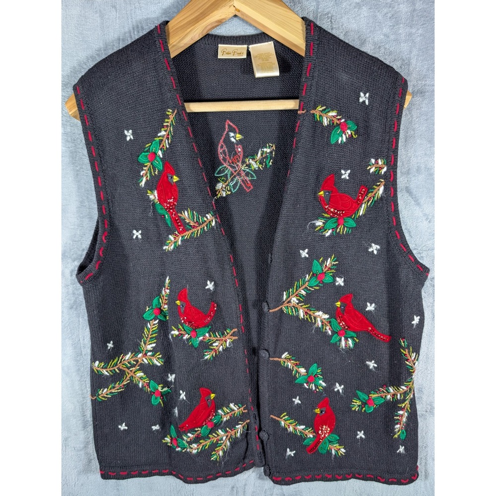 Vtg Women’s Plus Christmas Cardinal Bird Embroidered Black Sweater Vest 22W 24W